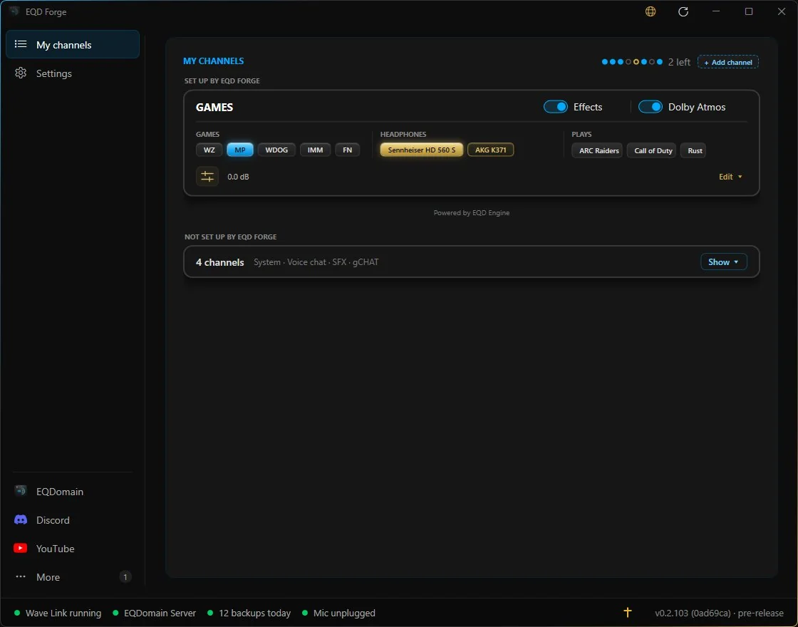 EQD Forge, the My channels screen of a pre-release build